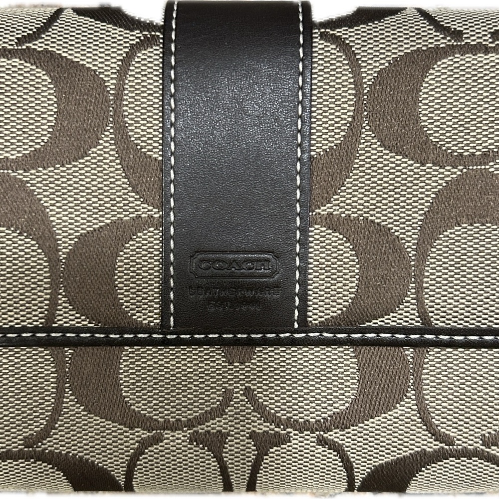 Coach Signature Chocolate Brown Leather Trim Bifold Wallet